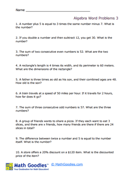 Algebra Word Problem Worksheet 3