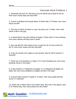 Decimal Word Problem Worksheet 1