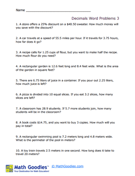 Decimal Word Problem Worksheet 3