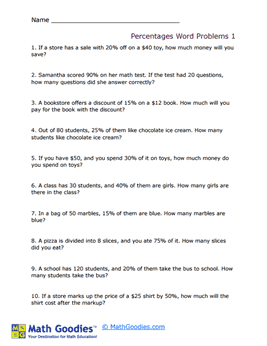 Percentages Word Problem Worksheet 1