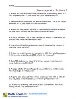Percentages Word Problem Worksheet 3
