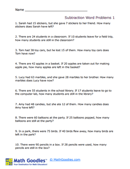Subtraction Word Problem Worksheet 1
