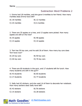 Subtraction Word Problem Worksheet 2