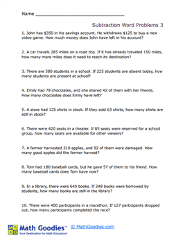 Subtraction Word Problem Worksheet 3