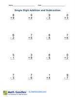 Single Digit Addition and Subtraction Worksheet