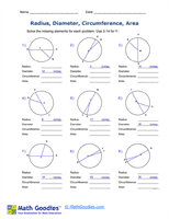 Radius, Diameter, Circumference, Area Worksheet