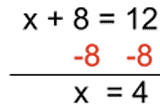 x + 8 =12 Solved