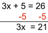 3x + 5 = 26 Solved