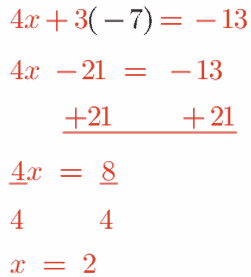 4x + 3(-7) = - 13 Example finished up